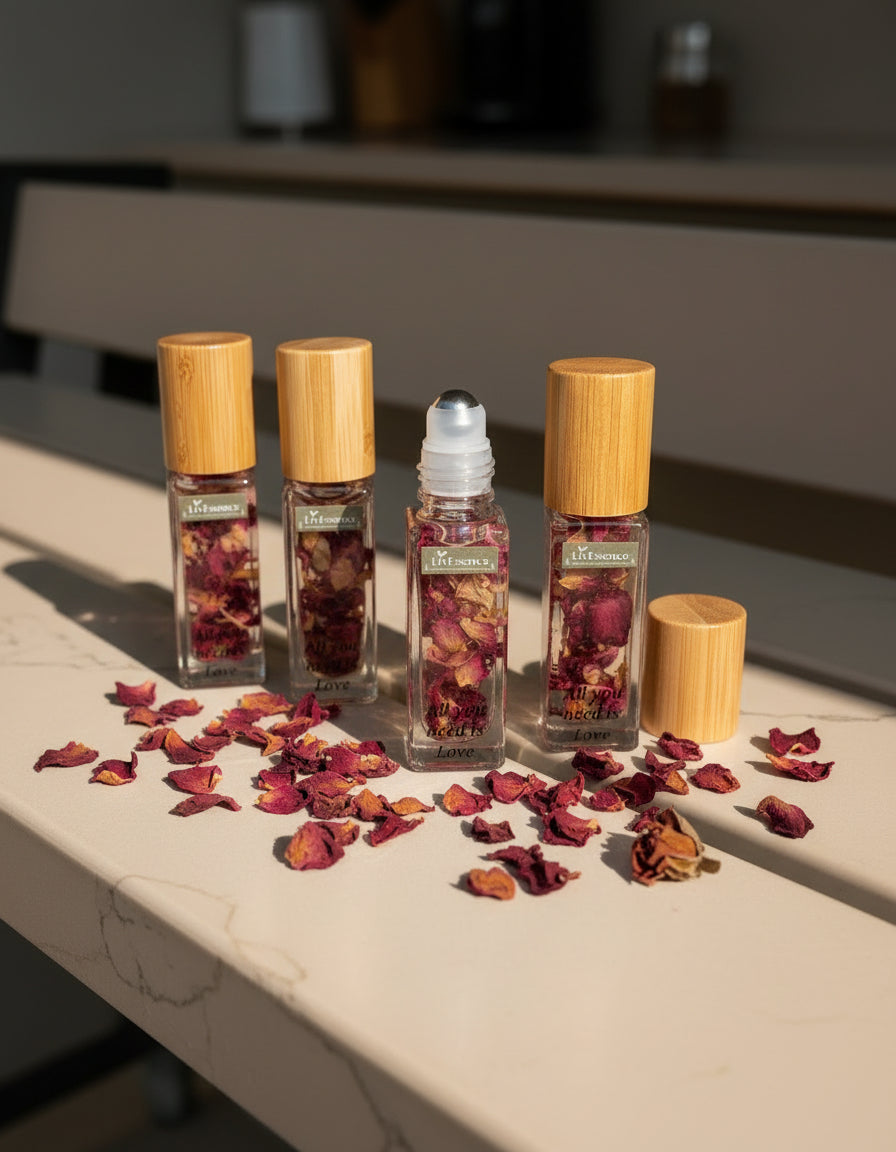 Two small bottles of Liv Essence with wooden caps on a white surface.