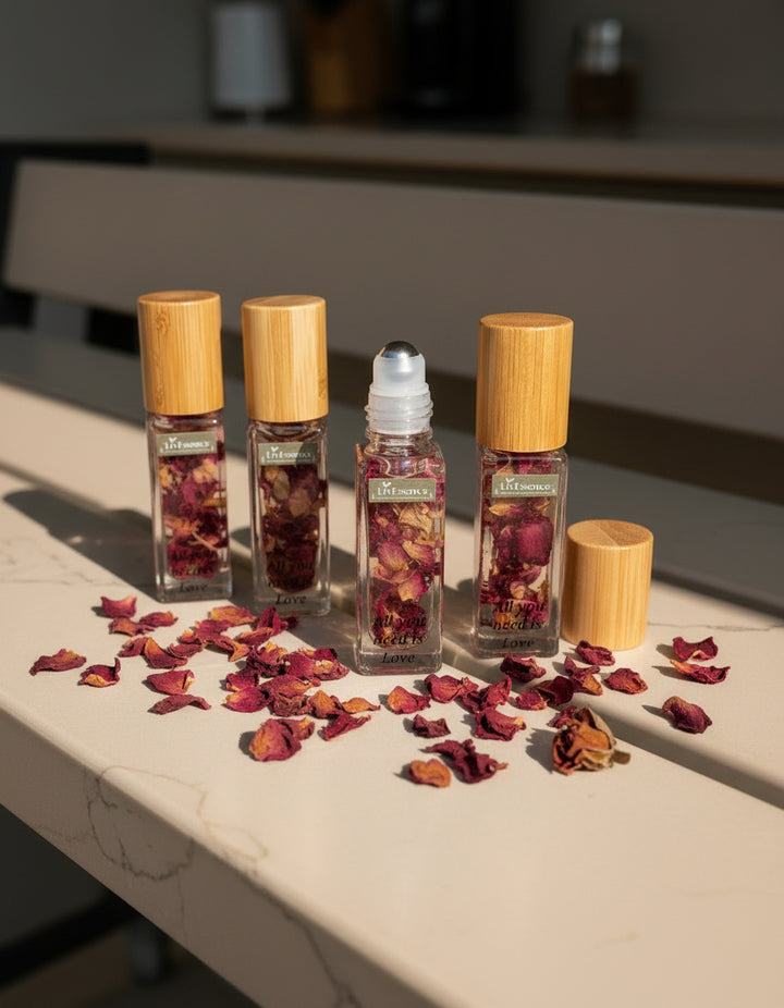 Two small bottles of Liv Essence with wooden caps on a white surface.