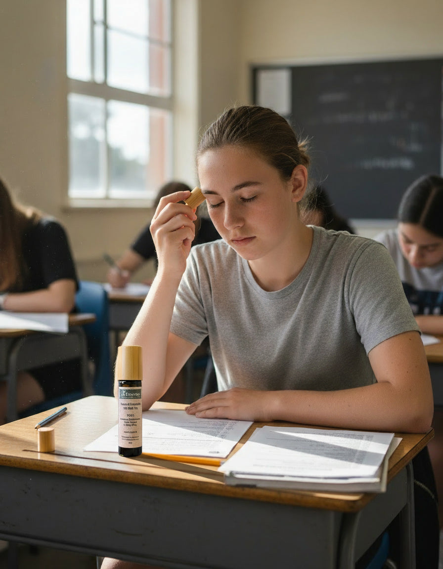 LivEssence natural essential oil roll-on bottle during an exam with a teenage girl