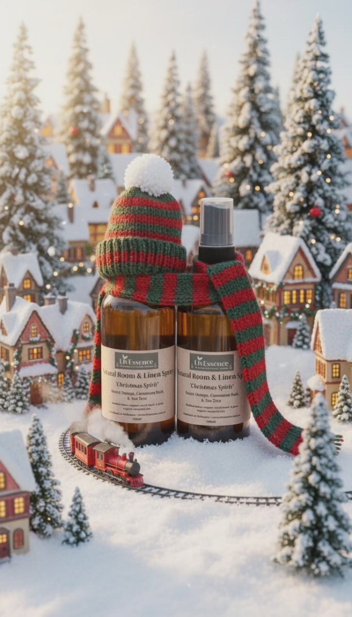 Christmas Spirit Room & Linen Spray in a Christmas Wonderland with a train and Santa's sleigh